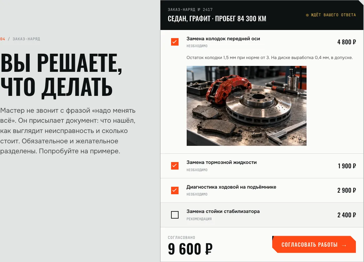 Заказ-наряд: отчёт мастера с фото и ценой по каждой работе