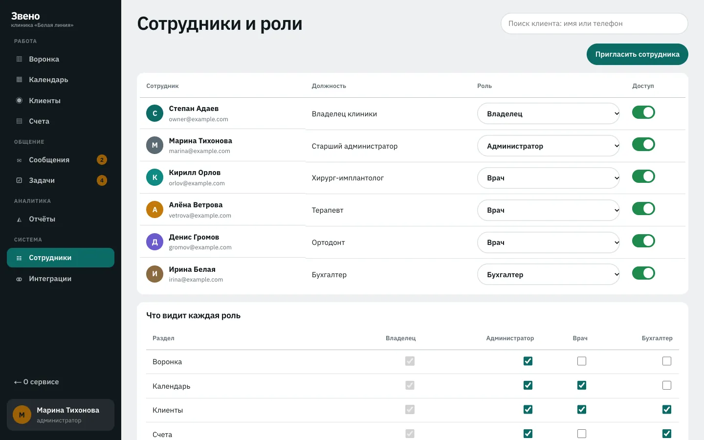 Приложение: сотрудники, роли и права