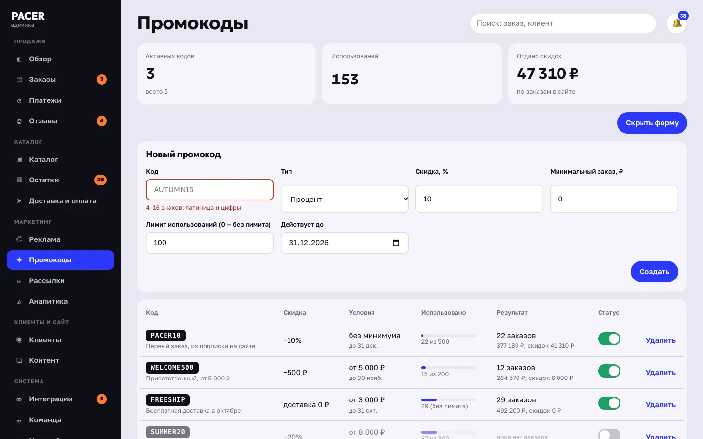 Админка: новый промокод, проверка полей