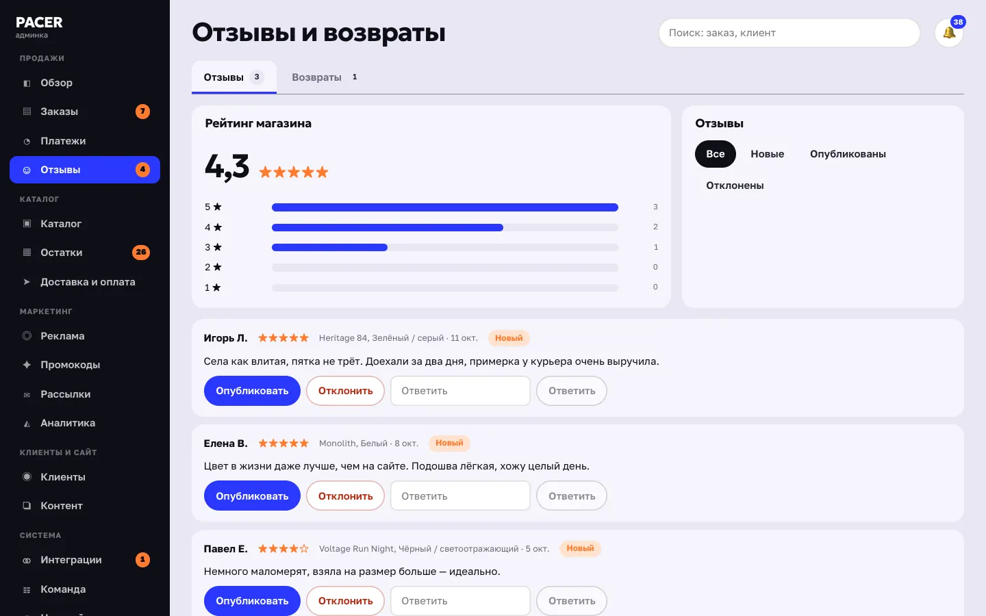 Админка: модерация отзывов, рейтинг магазина