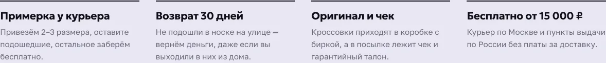 Условия: примерка, возврат, оригинал, бесплатная доставка