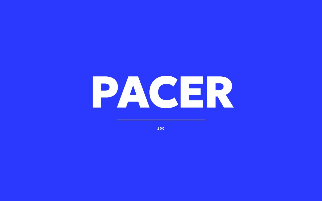 Заставка: слово PACER собирается по буквам, счётчик идёт до 100